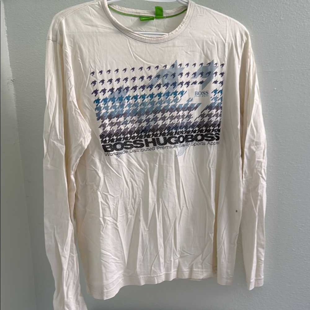 Hugo Boss Cream and Blue Graphic Long Sleeve Tee
